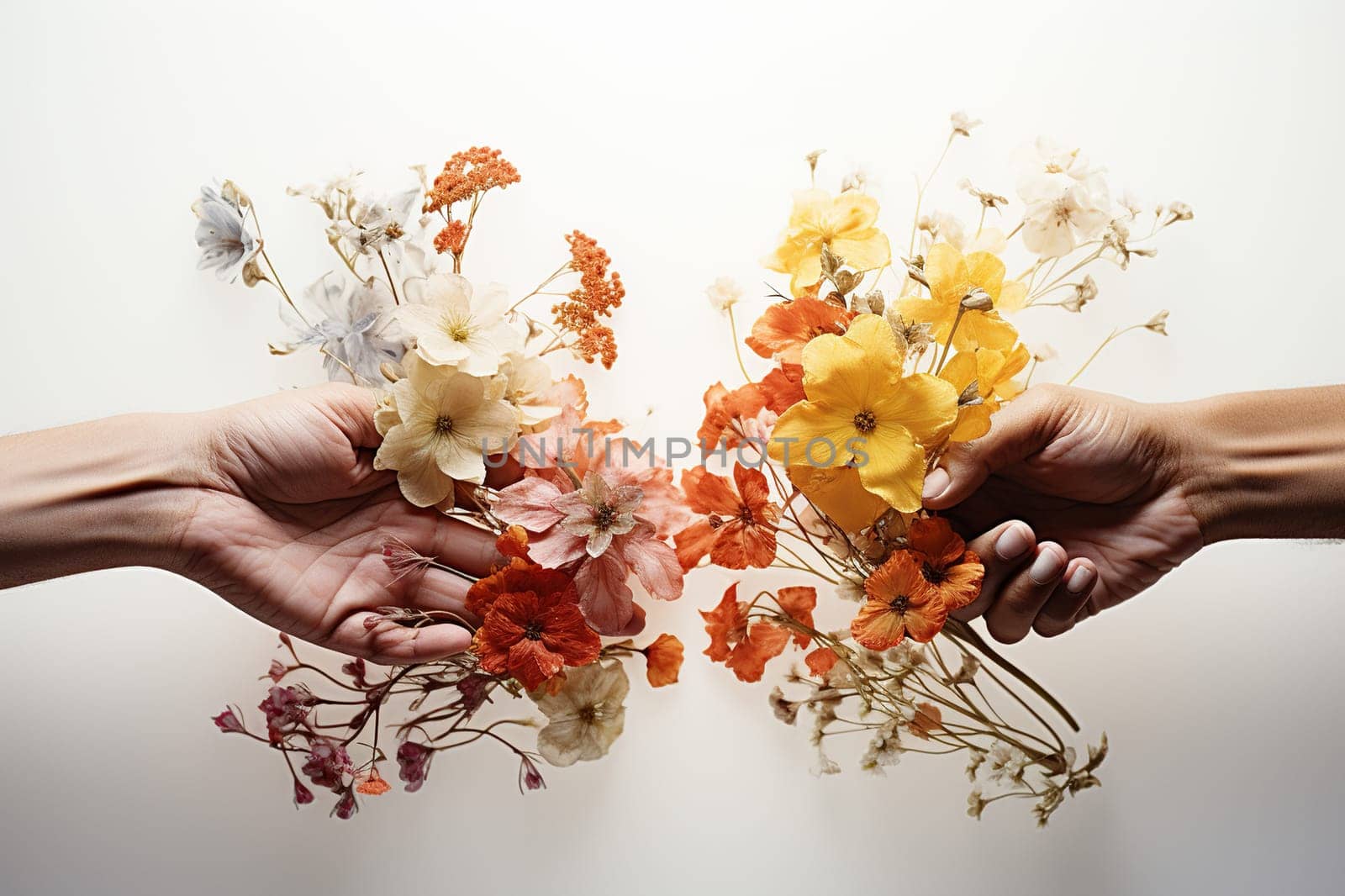 Two hands with flowers reach out to each other.