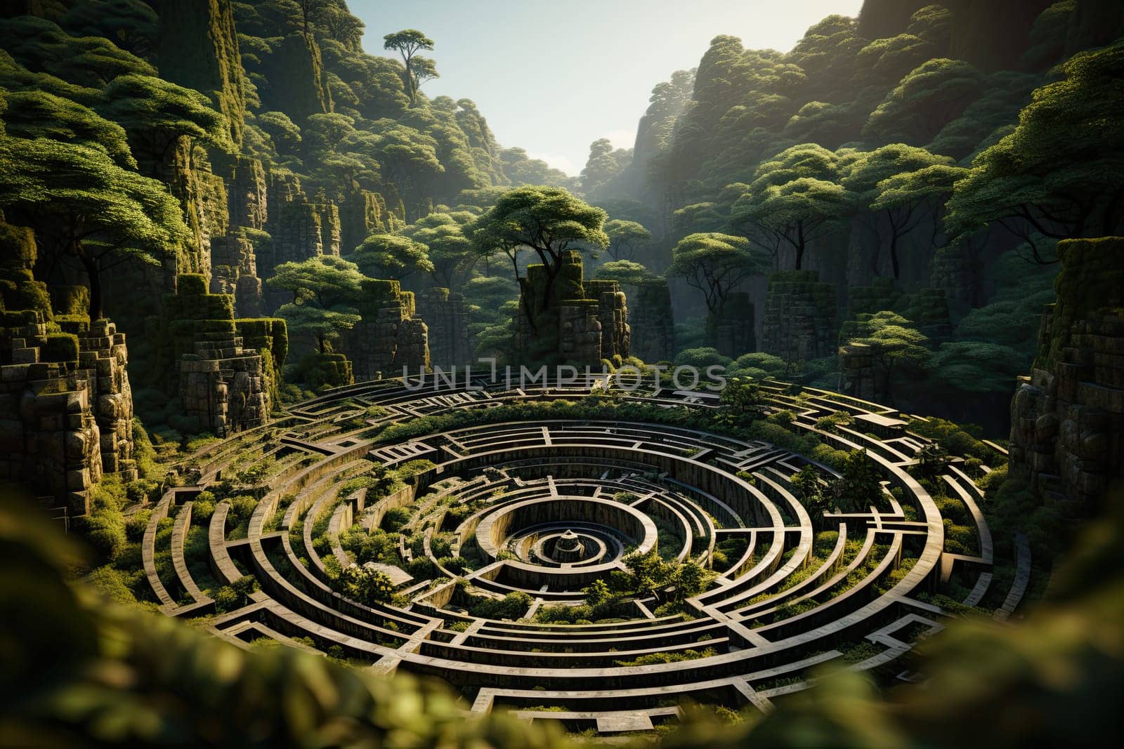 Fantastic forest with a huge green labyrinth inside. Green maze in forest jungle, Generative AI.