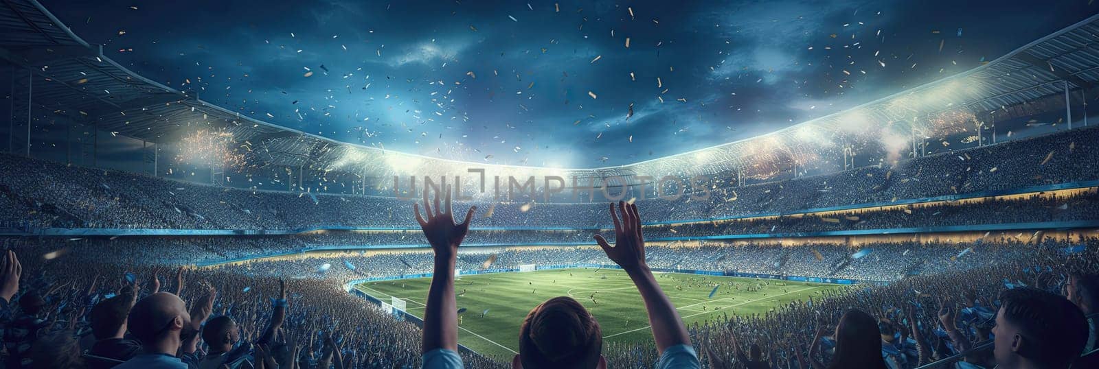 Back view of a soccer game, soccer fans cheering for their team in a crowded stadium at night. Soccer fans celebrating a victory in the stadium. Sports concept, generative AI