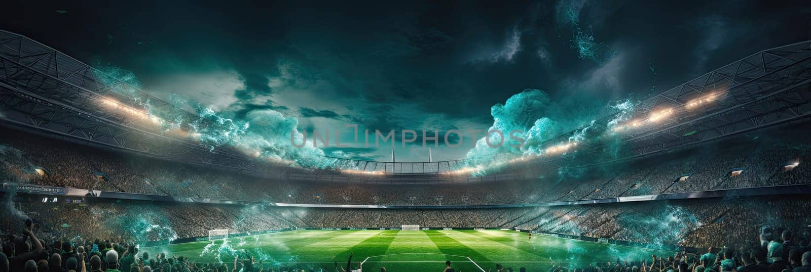 Back view of a soccer game, soccer fans cheering for their team in a crowded stadium at night. Soccer fans celebrating a victory in the stadium. Sports concept, generative AI