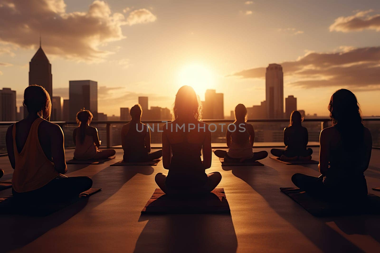 Group yoga class on the roof of a building in the sun.