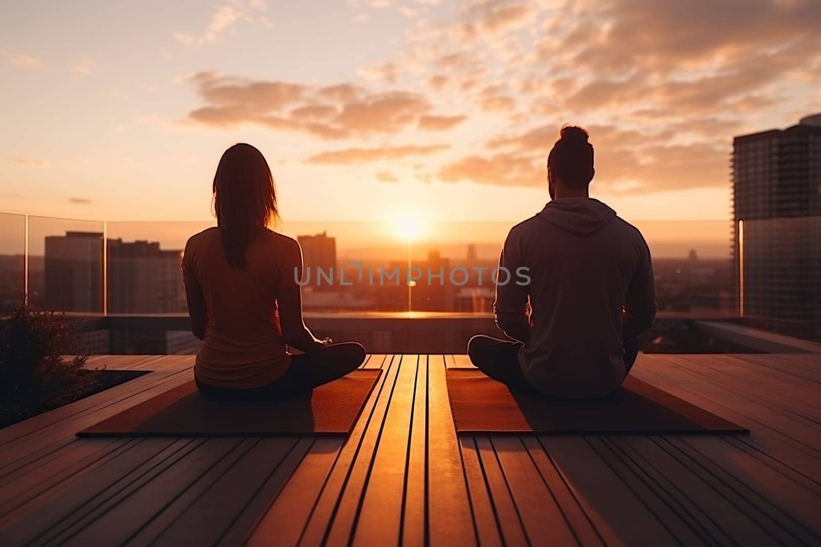 A man and a woman do yoga on the roof of a building at sunset, dawn. Generated by artificial intelligence by Vovmar