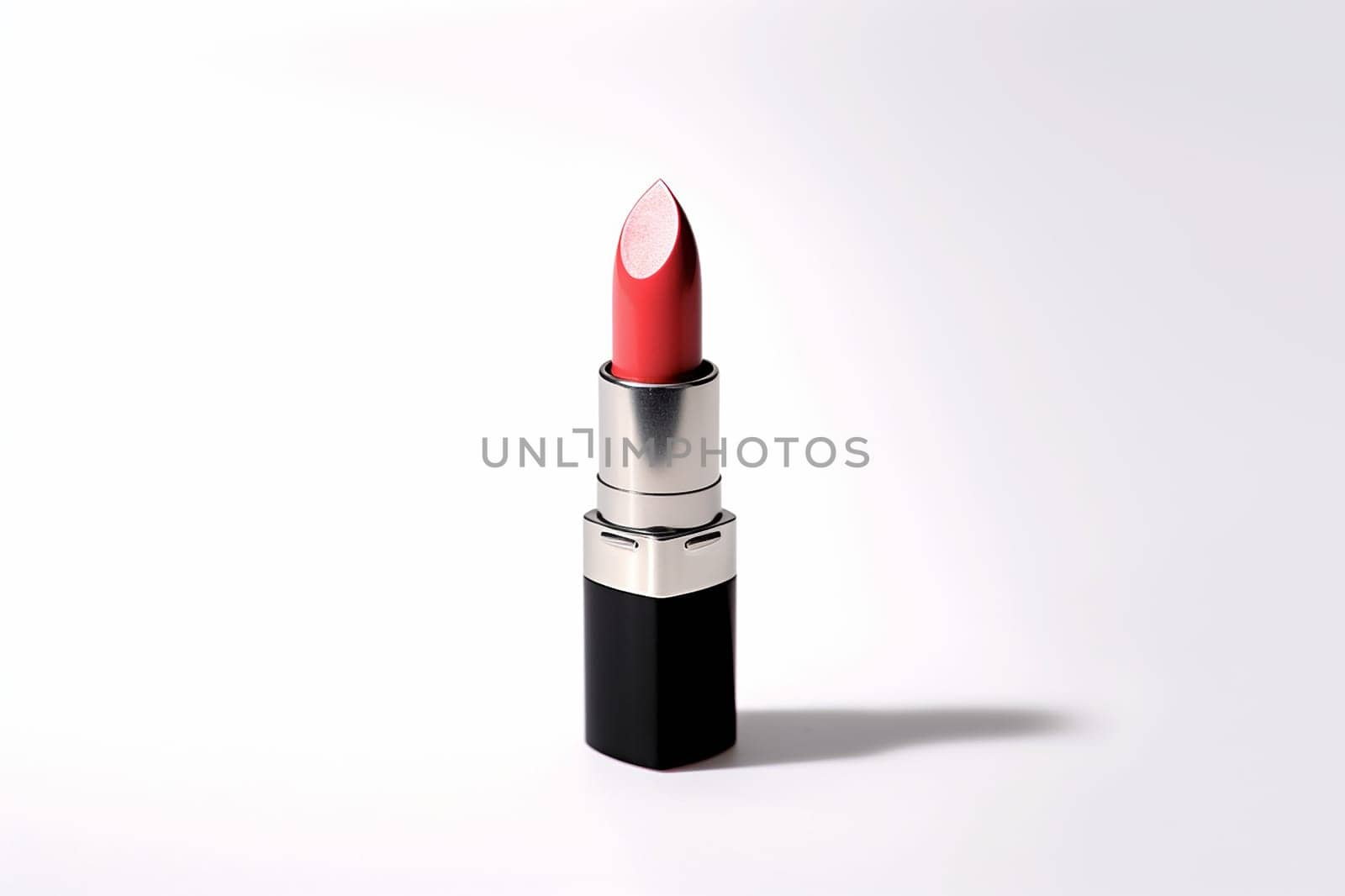 Classic red lipstick in sleek black tube on white background.