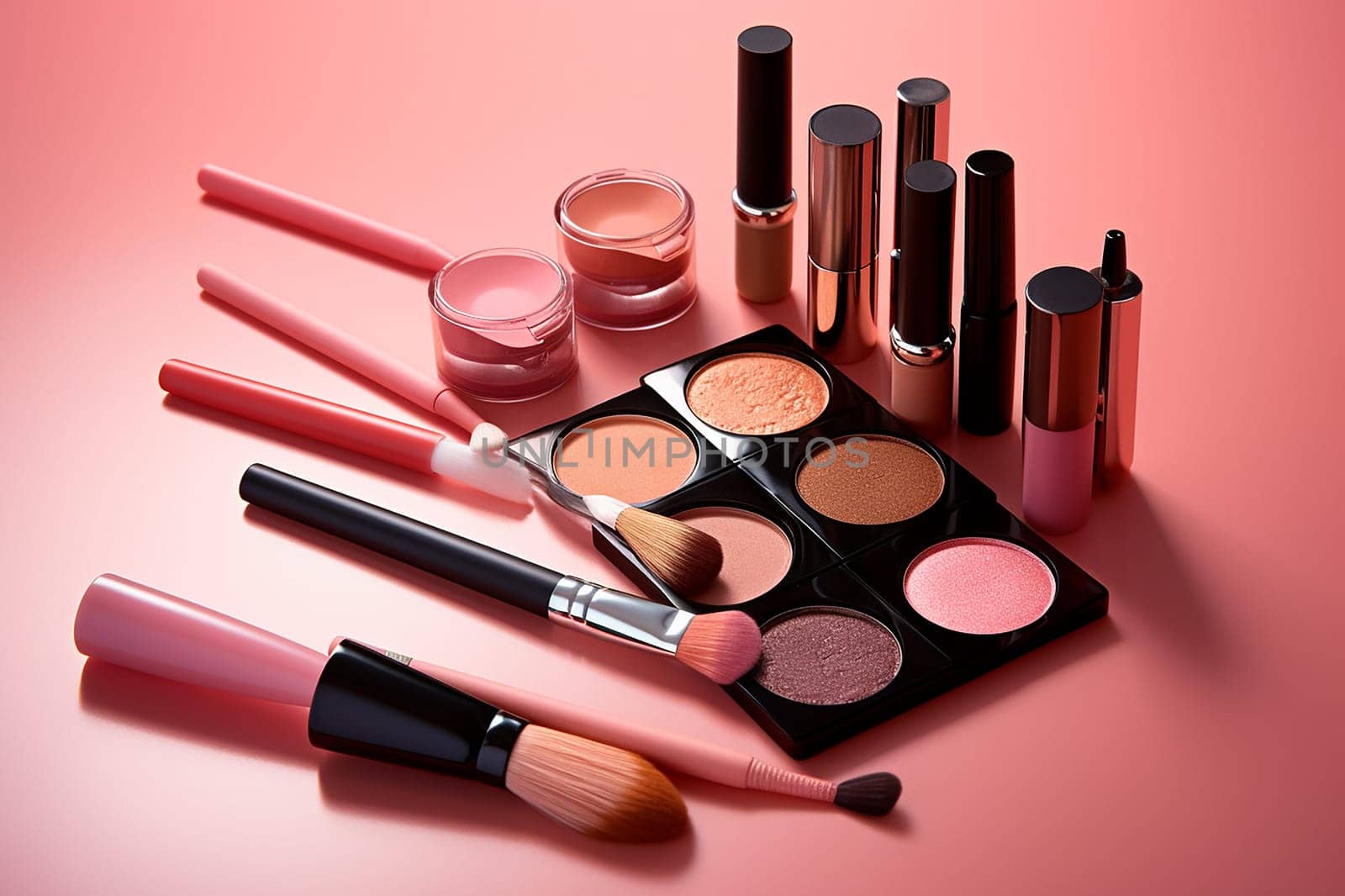 Assorted makeup products and brushes on pink background