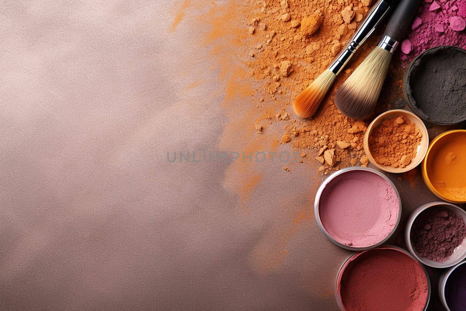 Assorted cosmetics powder shades and brushes spread on surface. by Hype2art