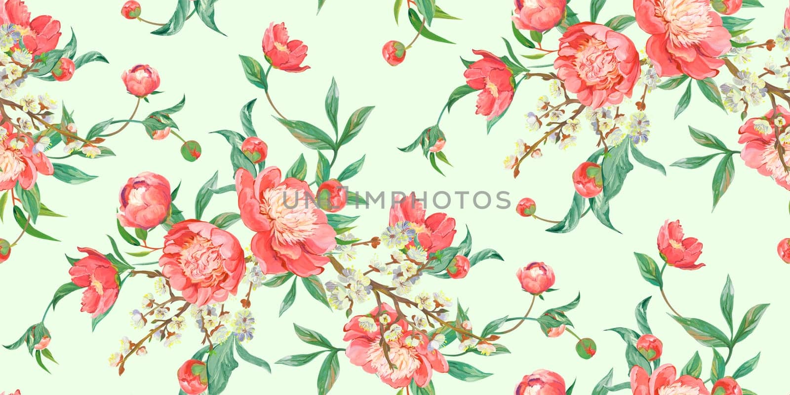 Seamless Asian oriental classical ornament realistic pattern drawn with pink peonies in a classic oriental style