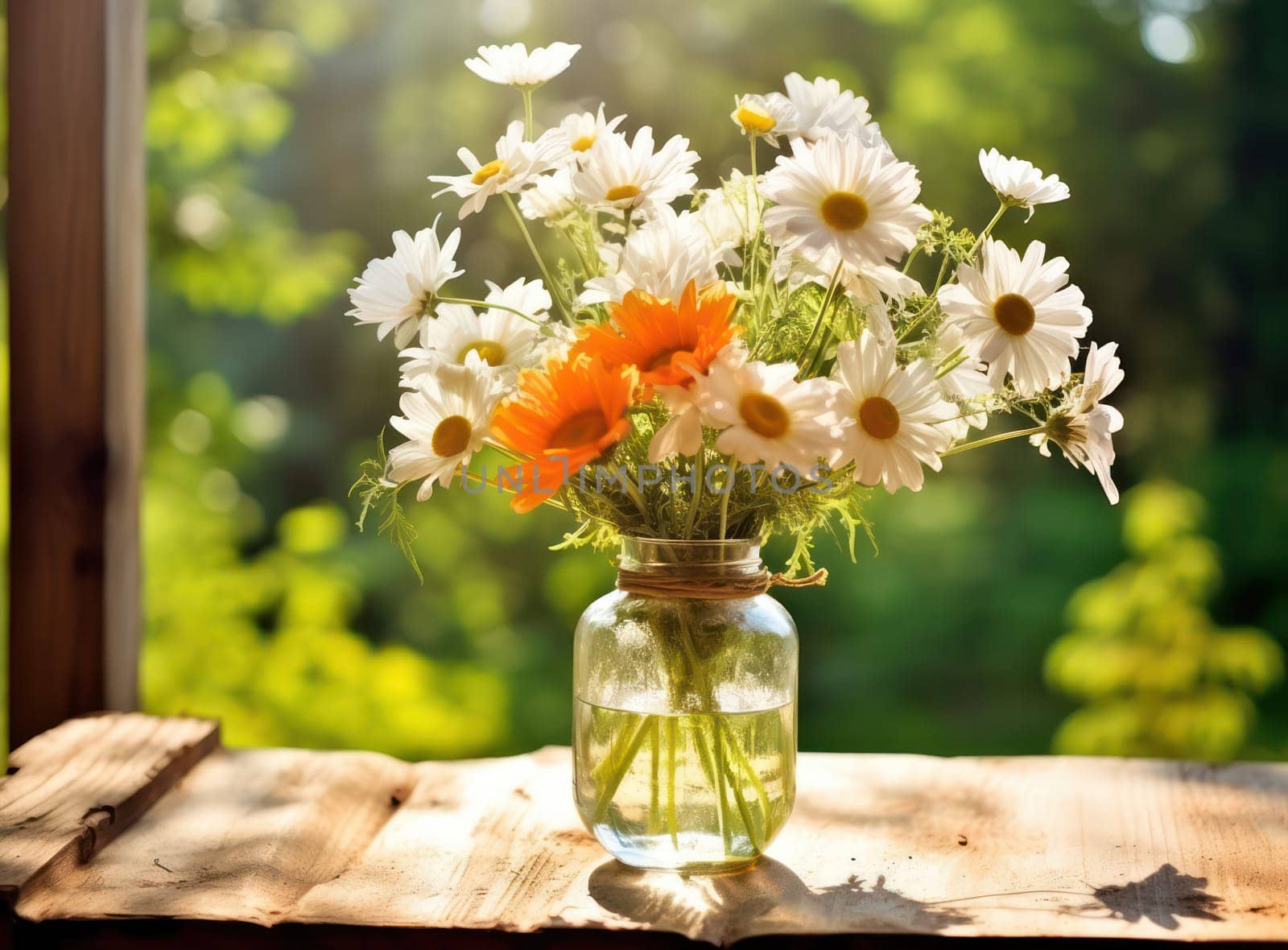 Bouquet of Blooming Daisies: A Refreshing Burst of Colors in a Rustic Wooden Vase, Embracing the Beauty of Nature in a Bright Summer Morning