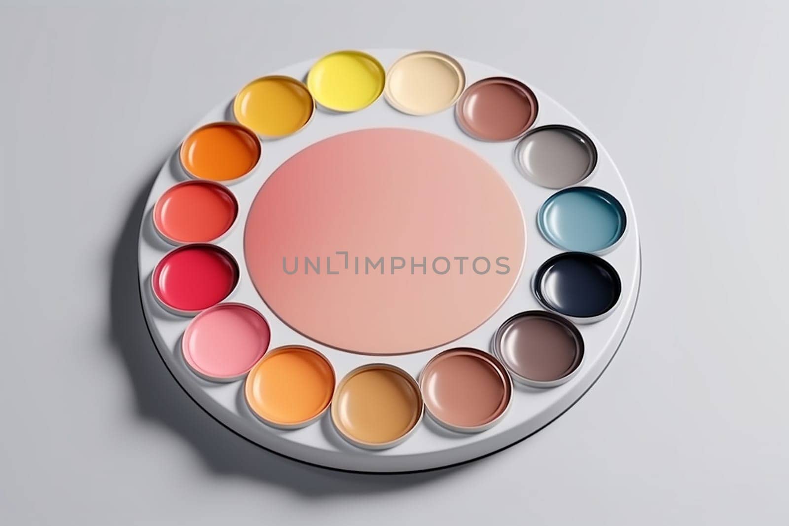 Assorted colorful makeup palette against a plain background.