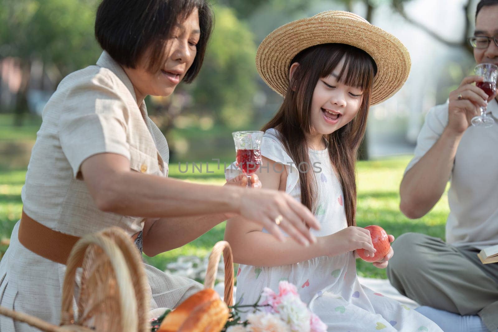 family picnic with child and grandparents for healthy growth development, outdoor wellness lifestyle by itchaznong