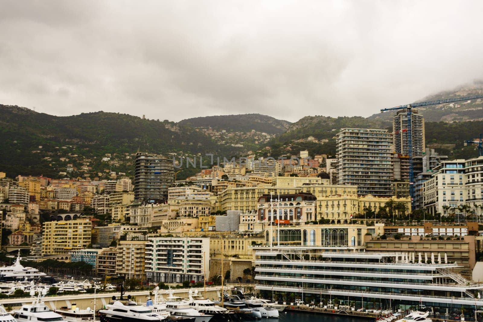 Panoramic view of Monte Carlo marina and cityscape. Principality of Monaco, French Riviera