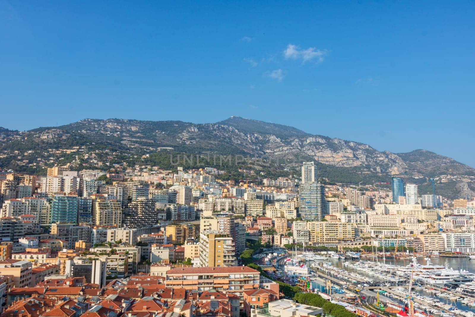 Panoramic view of Monte Carlo marina and cityscape. Principality of Monaco, French Riviera