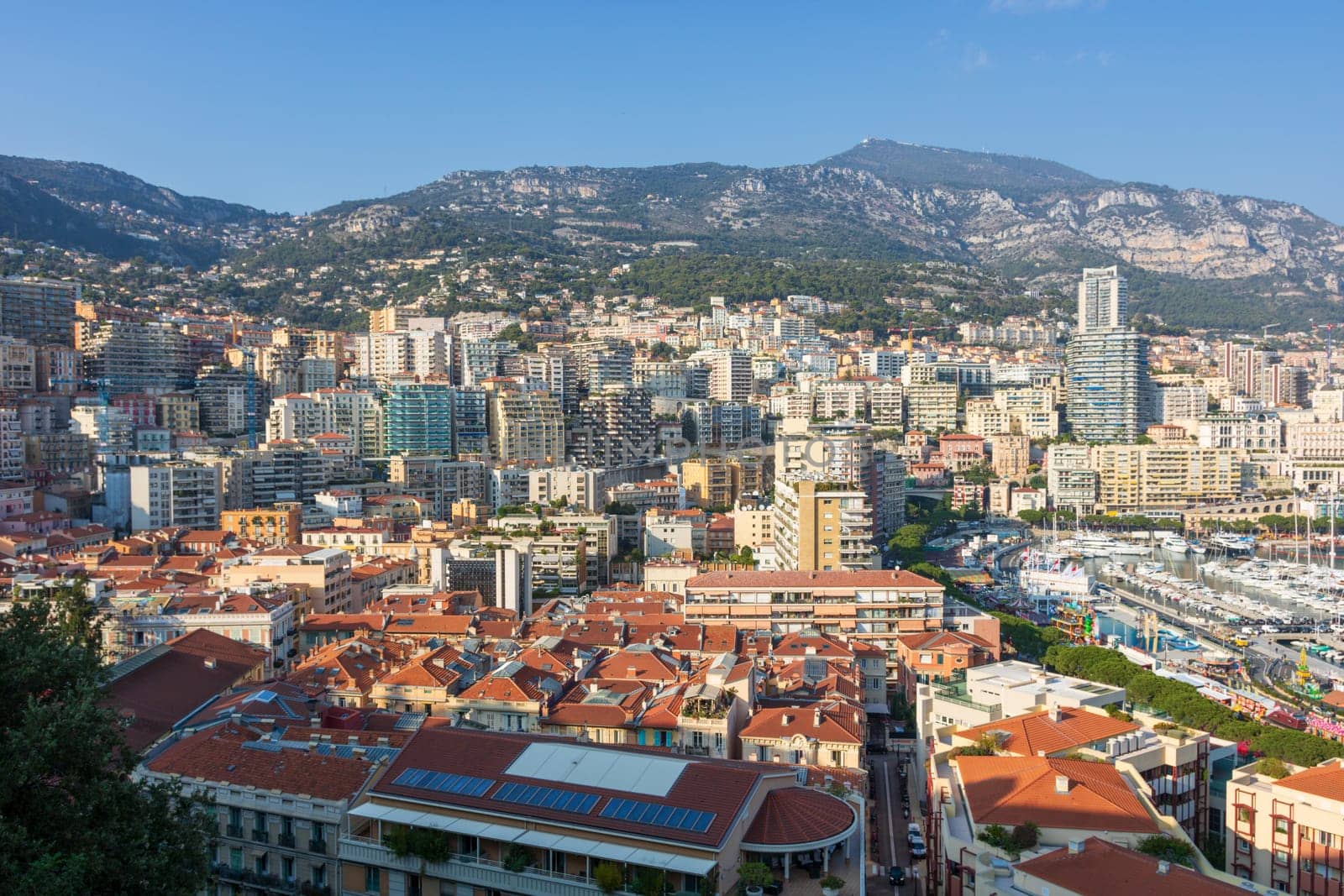 Panoramic view of Monte Carlo marina and cityscape. Principality of Monaco, French Riviera