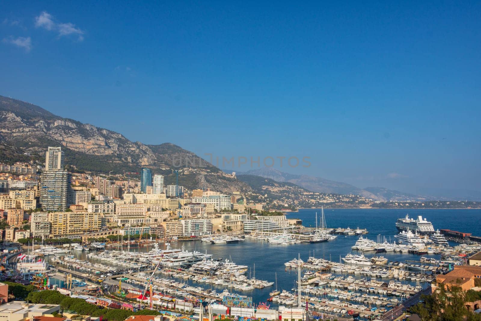 Panoramic view of Monte Carlo marina and cityscape. Principality of Monaco, French Riviera