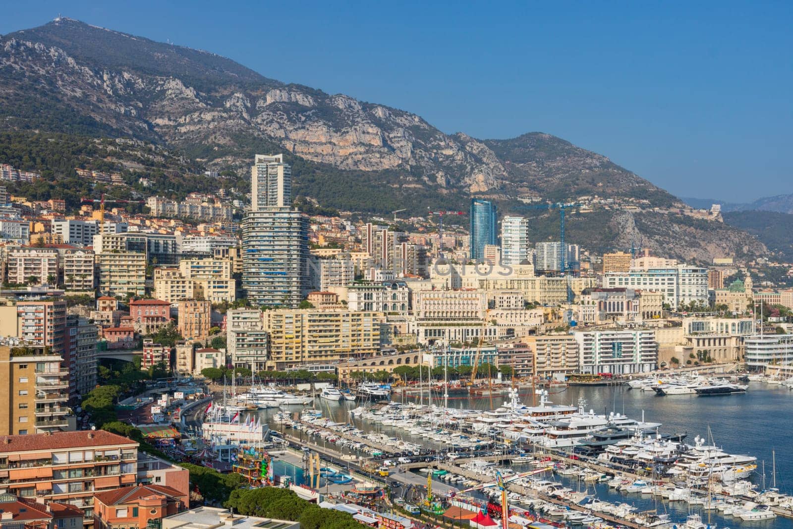 Panoramic view of Monte Carlo marina and cityscape. Principality of Monaco, French Riviera