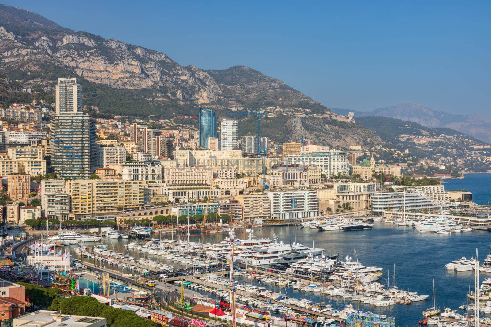 Panoramic view of Monte Carlo marina and cityscape. Principality of Monaco, French Riviera