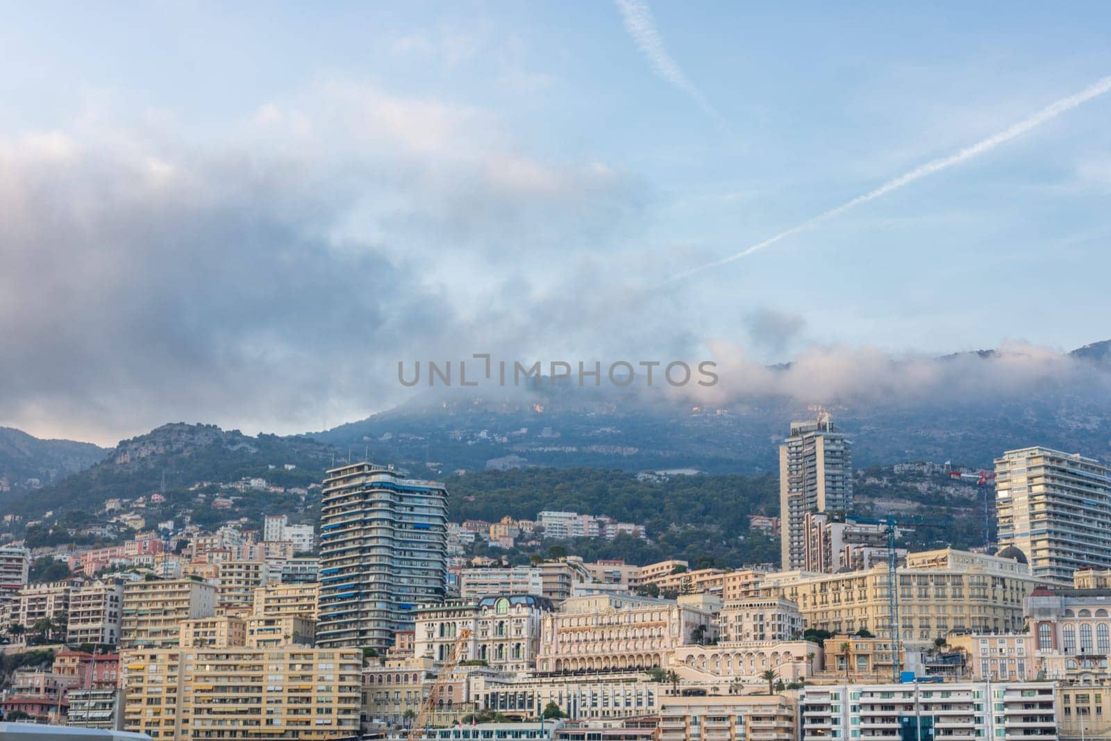 Panoramic view of Monte Carlo marina and cityscape. Principality of Monaco, French Riviera