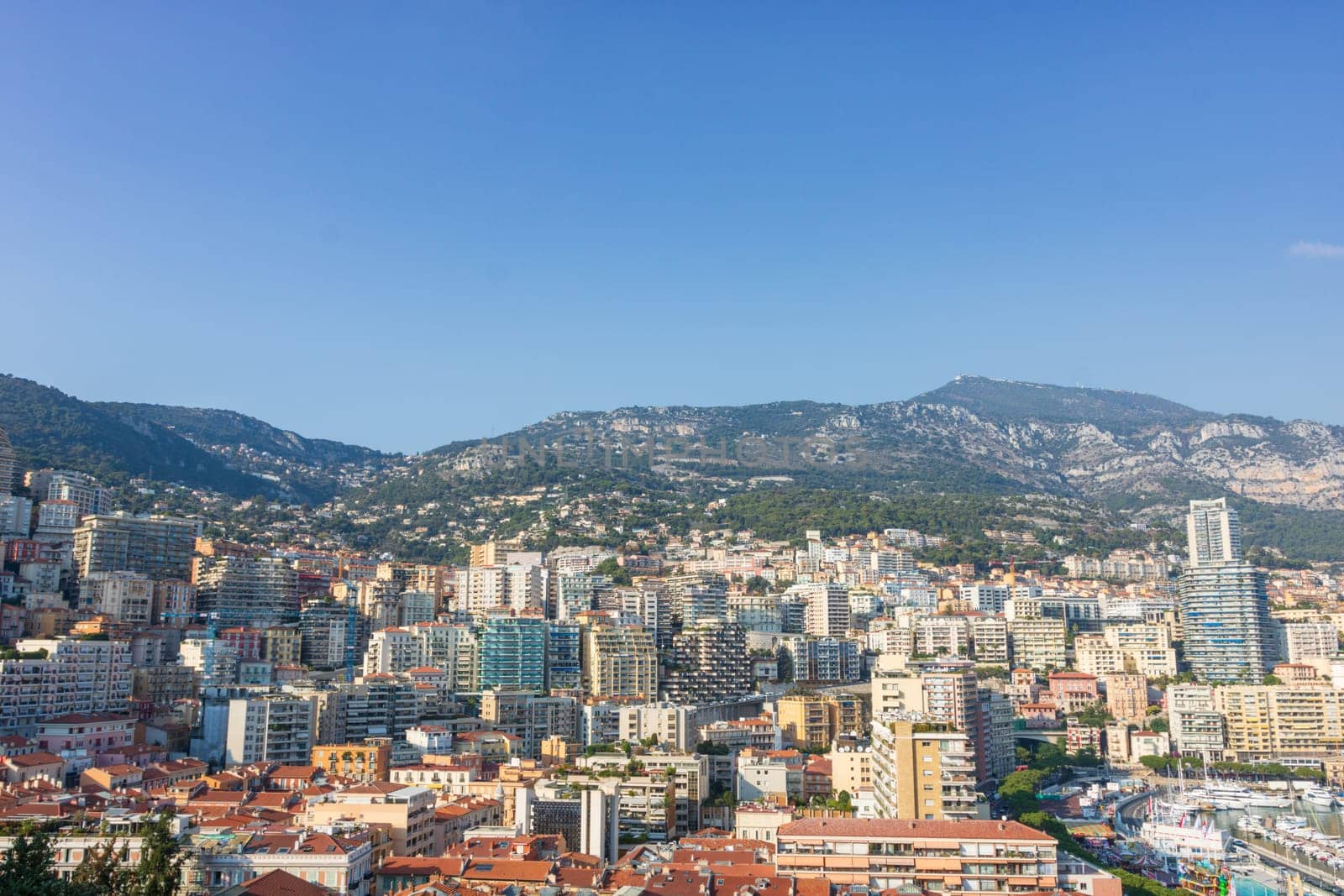 Panoramic view of Monte Carlo marina and cityscape. Principality of Monaco, French Riviera