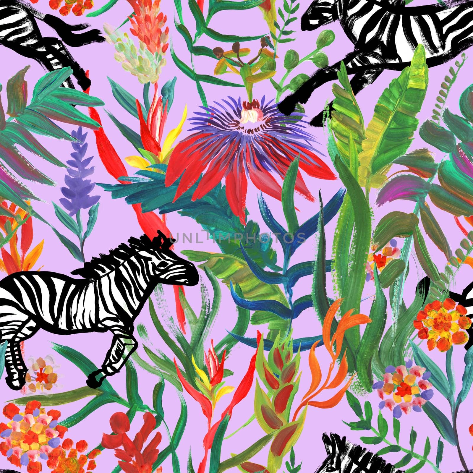 Seamless pattern with running zebras and bright tropical flowers drawn in a painterly style for summer textiles by MarinaVoyush