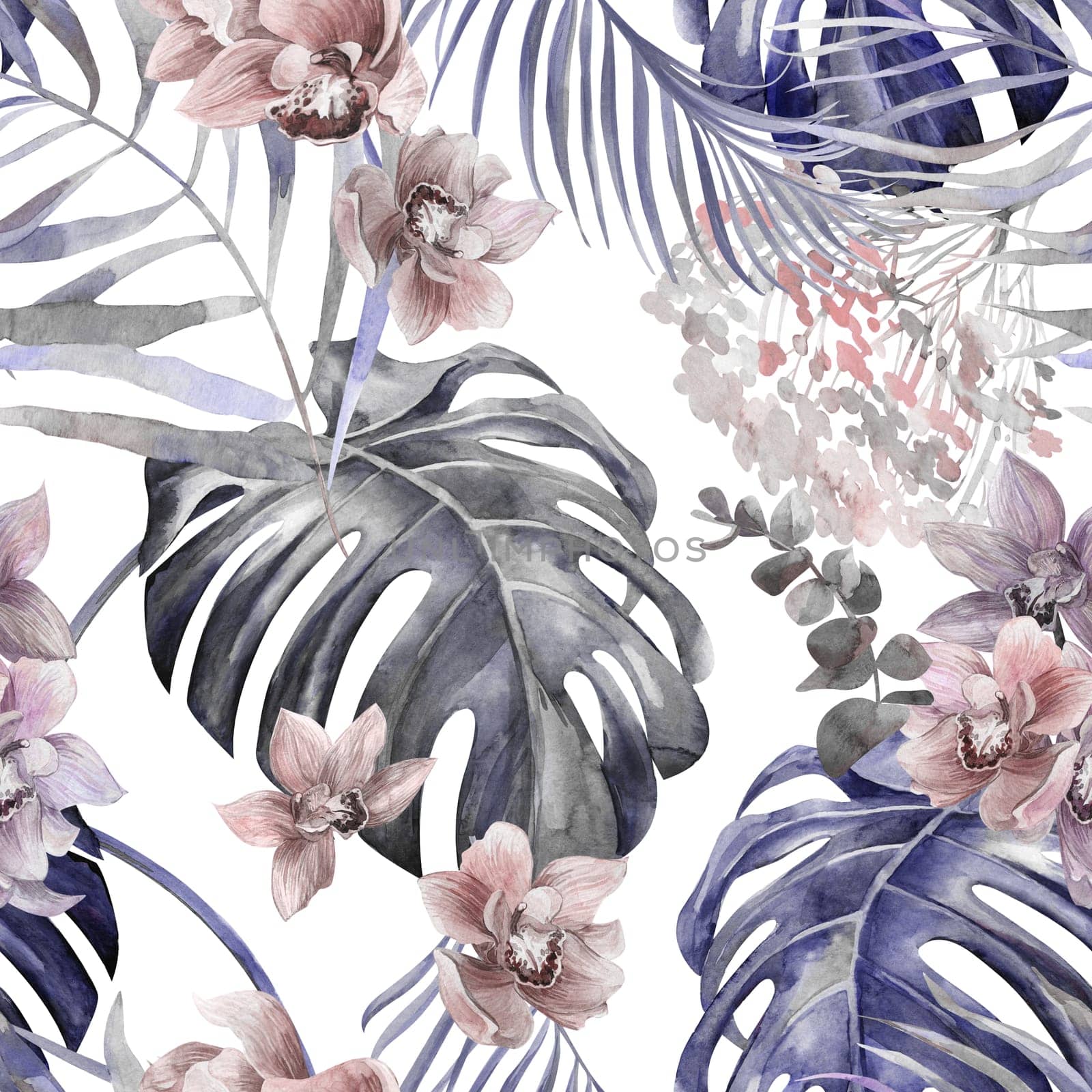 Seamless pattern with watercolor flowers in black and white shades by MarinaVoyush