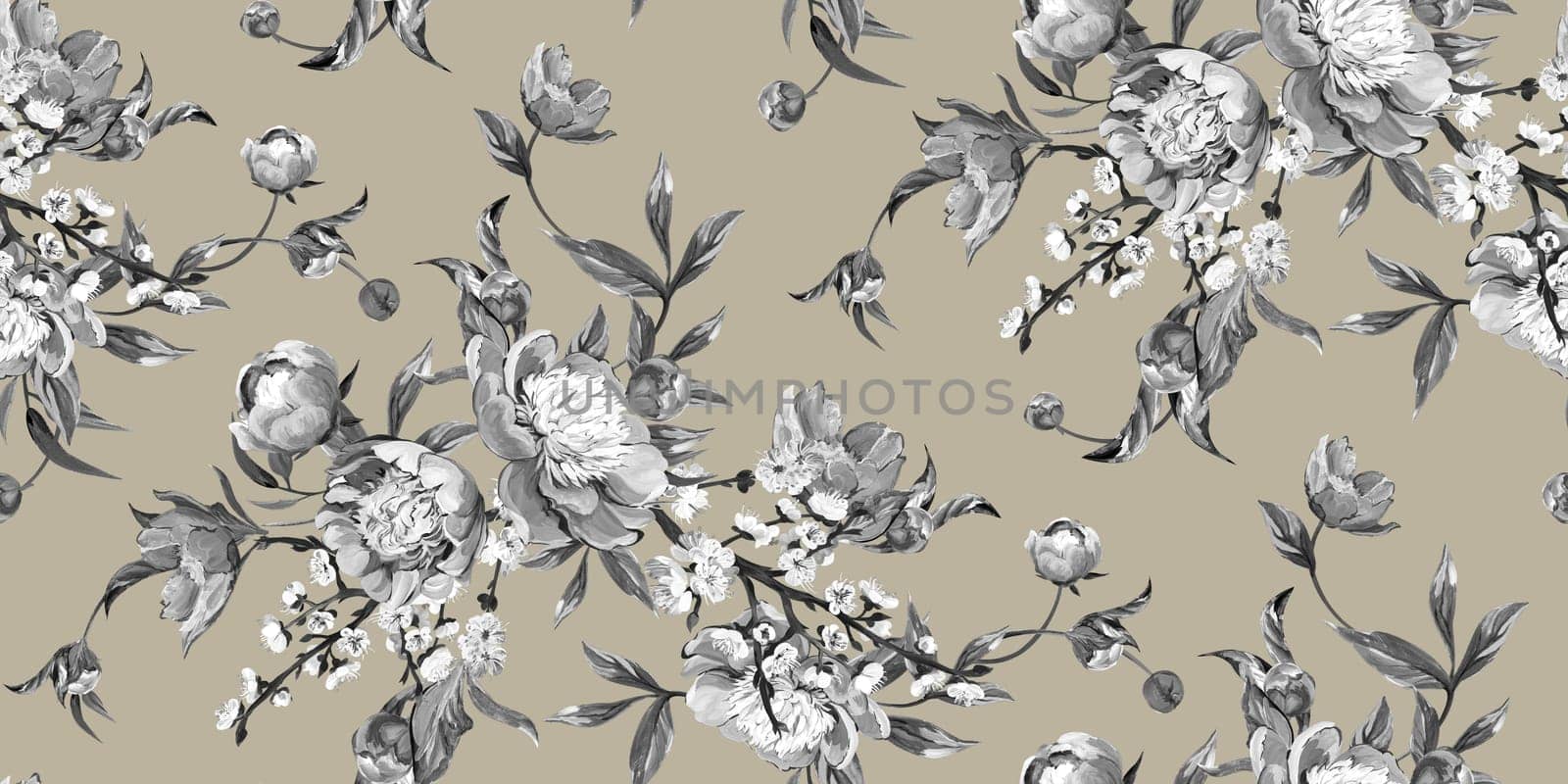 Seamless realistic pattern drawn with pink peonies in a classic oriental style