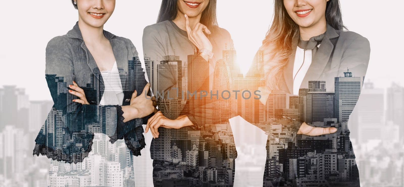 Double exposure image of many business people conference group meeting on city office building in background showing partnership success of business deal. Concept of teamwork, trust and agreement. uds