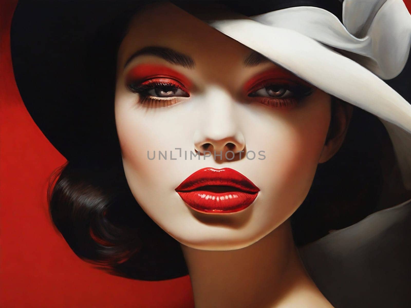 Elegant portrait of a young stylish woman in a black hat. makeup , red lips. Fashion model girl posing on a red studio background