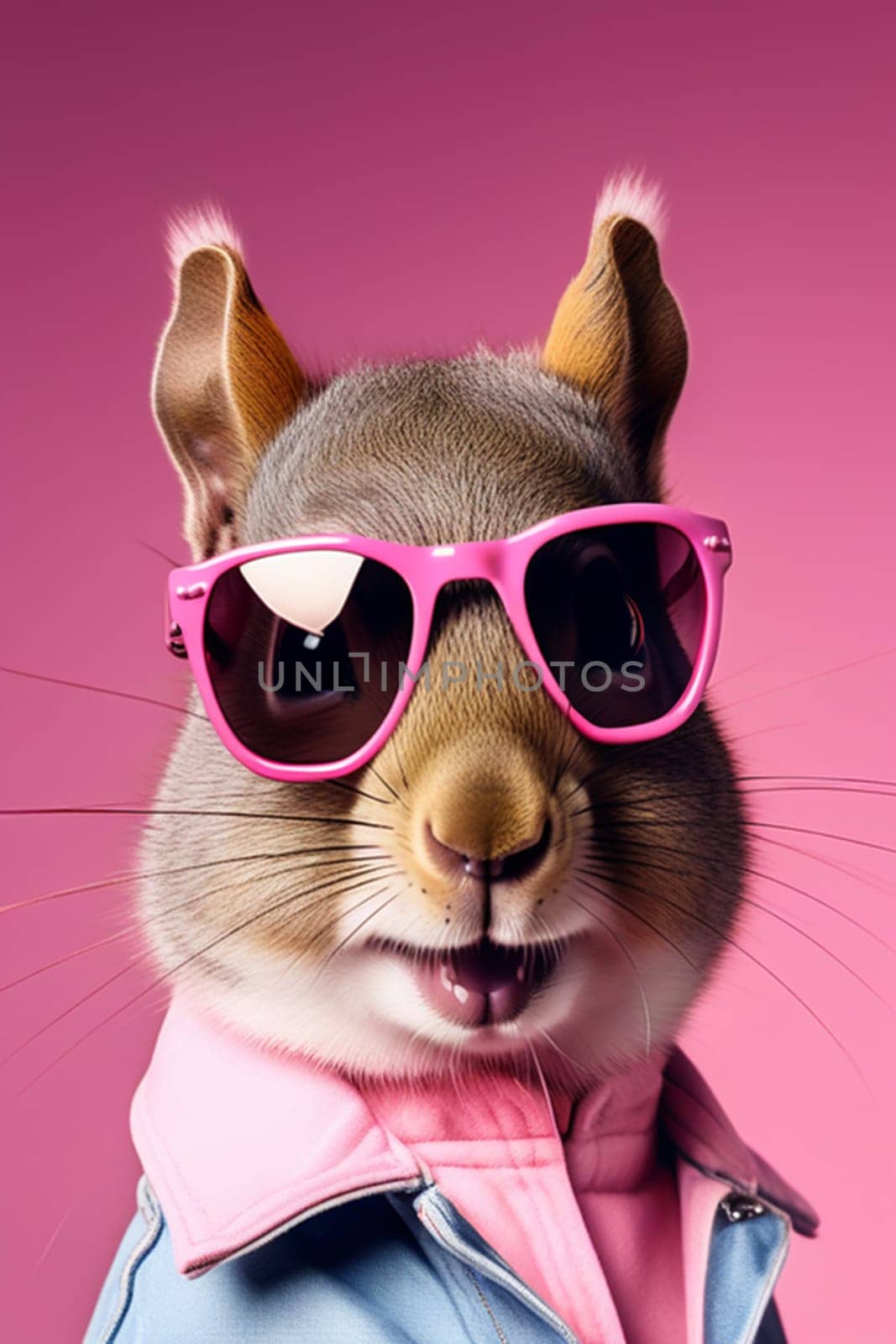 Squirrel man, kangaroo in a denim jacket and pink shirt with pink glasses on a pink background by Ekaterina34