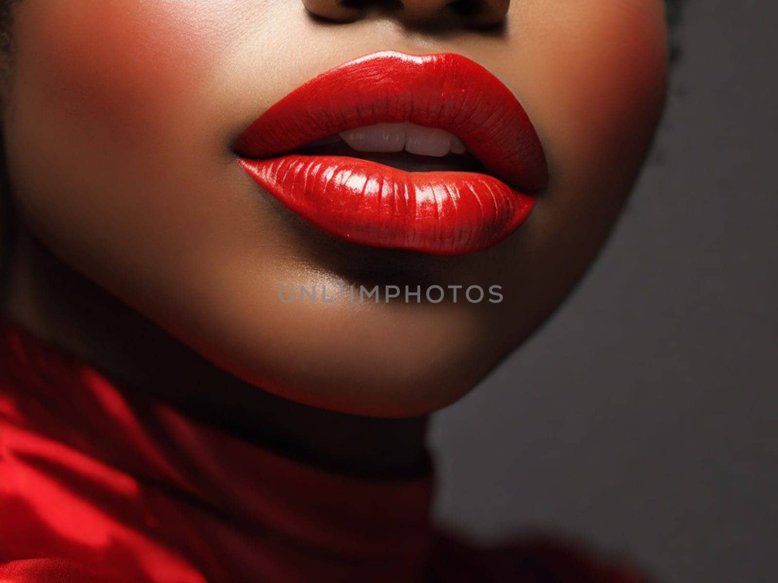 Close-up of beautiful red female lips. Lower part of a woman's face with sexy red lips. by Ekaterina34
