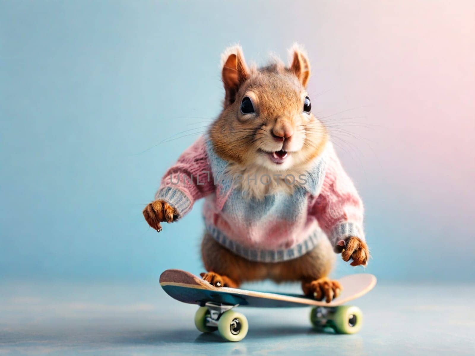 A funny squirrel in a sweater flies on a skateboard