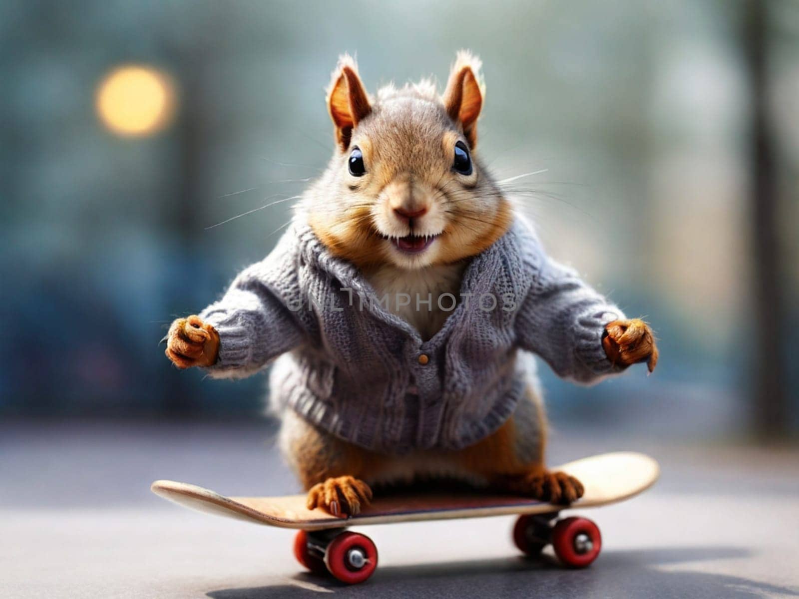 A funny squirrel in a sweater flies on a skateboard. by Ekaterina34