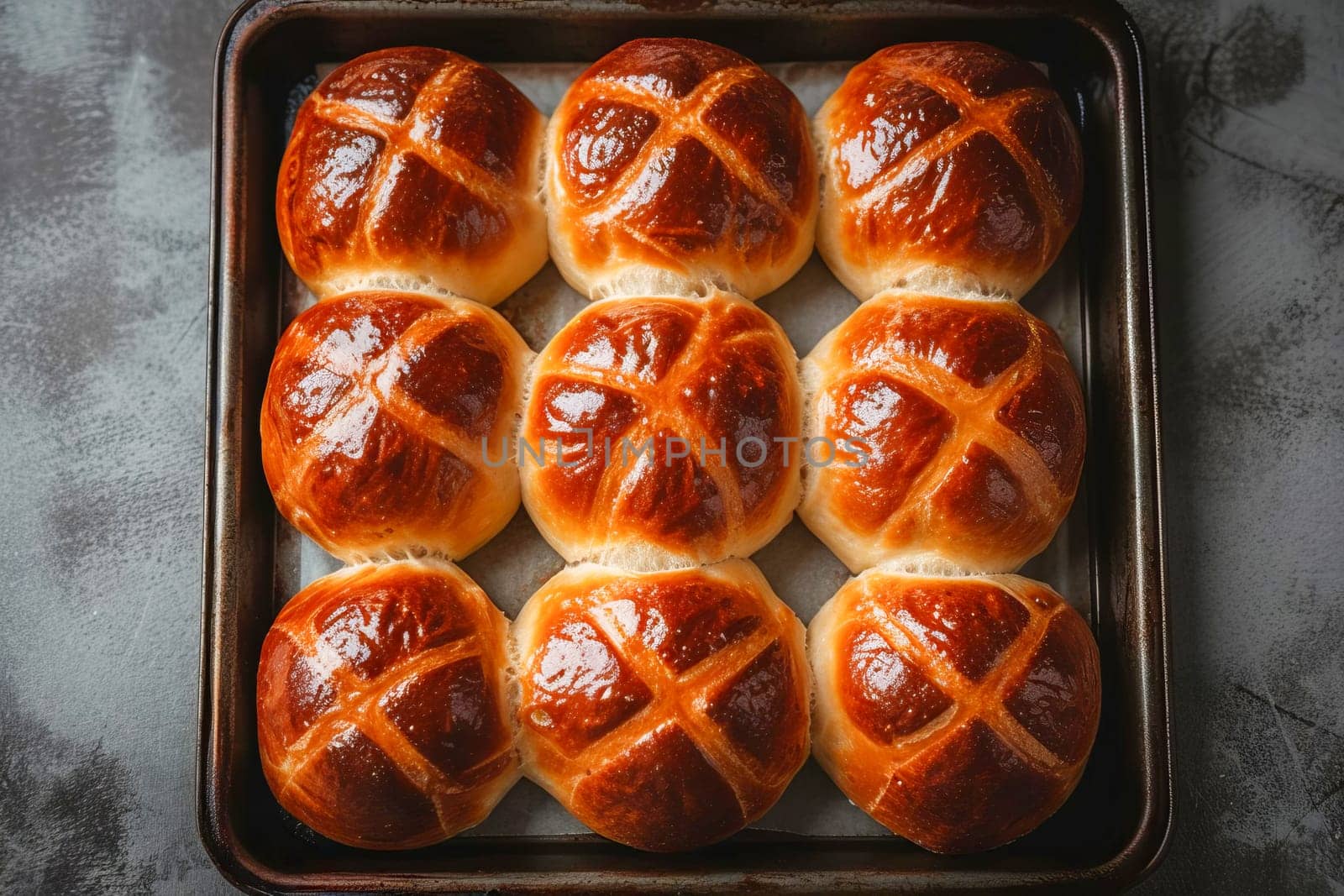 Traditional Easter hot cross buns on a baking tray. AI generated.