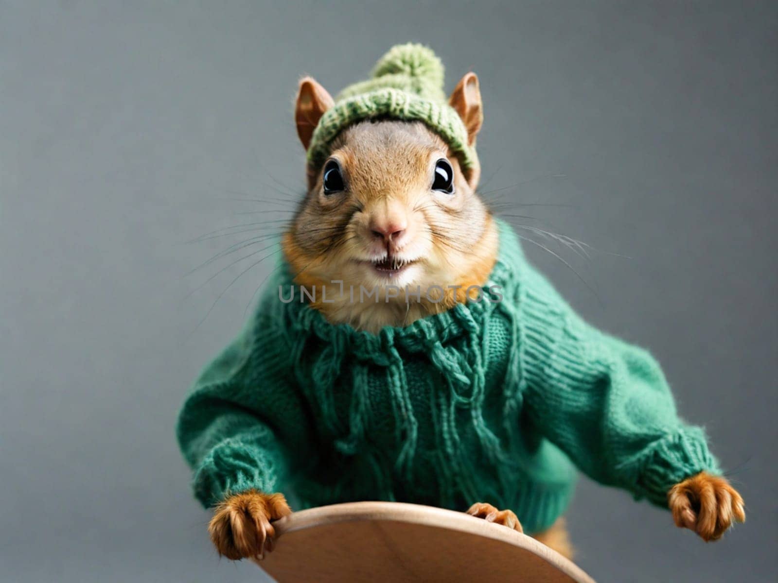 Funny squirrel in a green sweater and hat on a skateboard