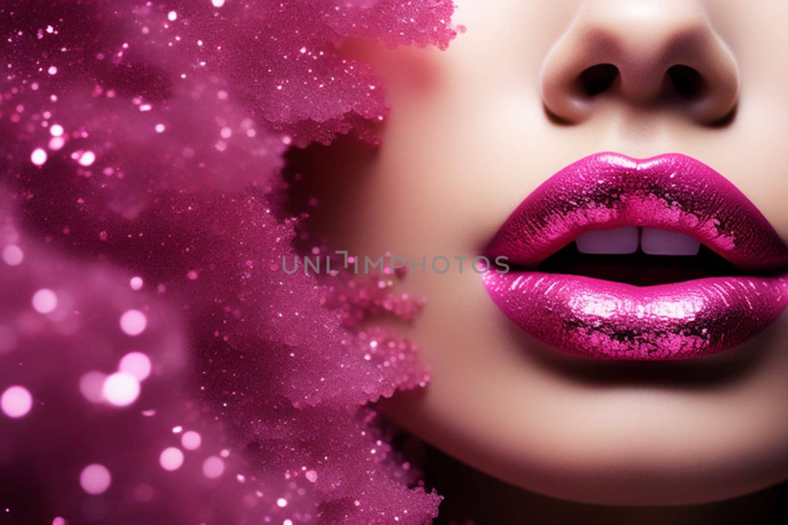 Close-up of beautiful raspberry shiny female lips in bright glitter. Lower part of a woman's face with sexy lips. by Ekaterina34