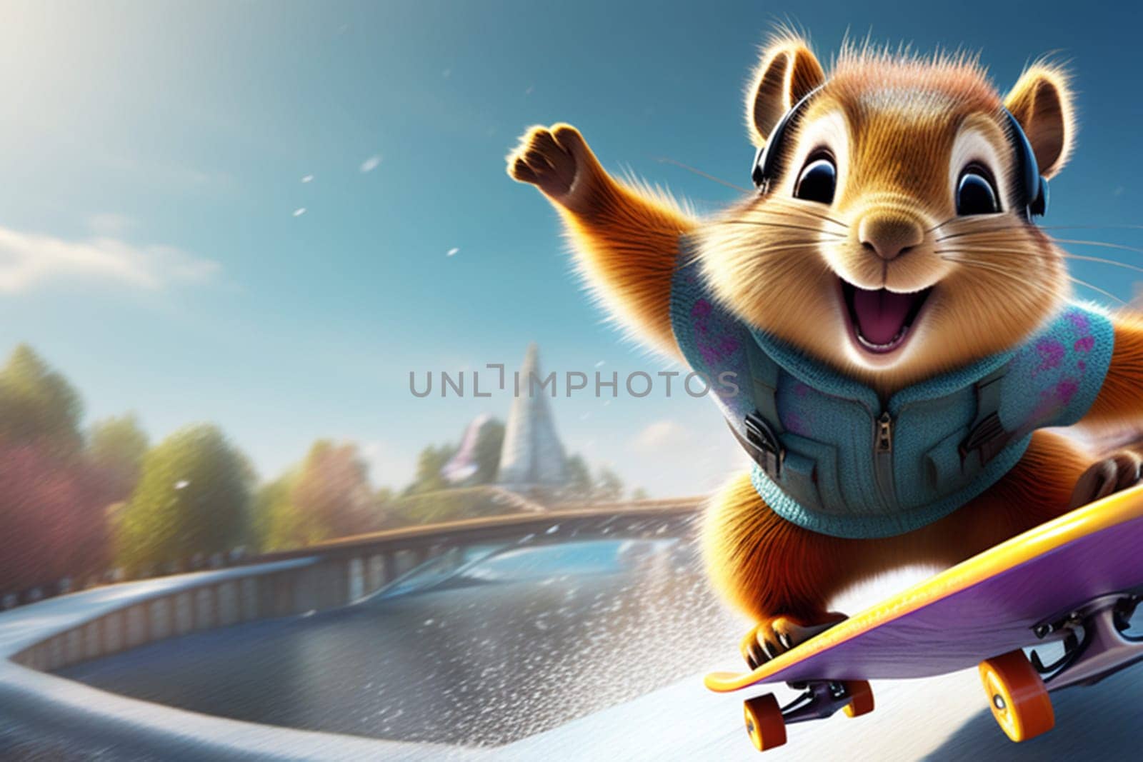 A funny squirrel in a sweater flies on a skateboard. by Ekaterina34