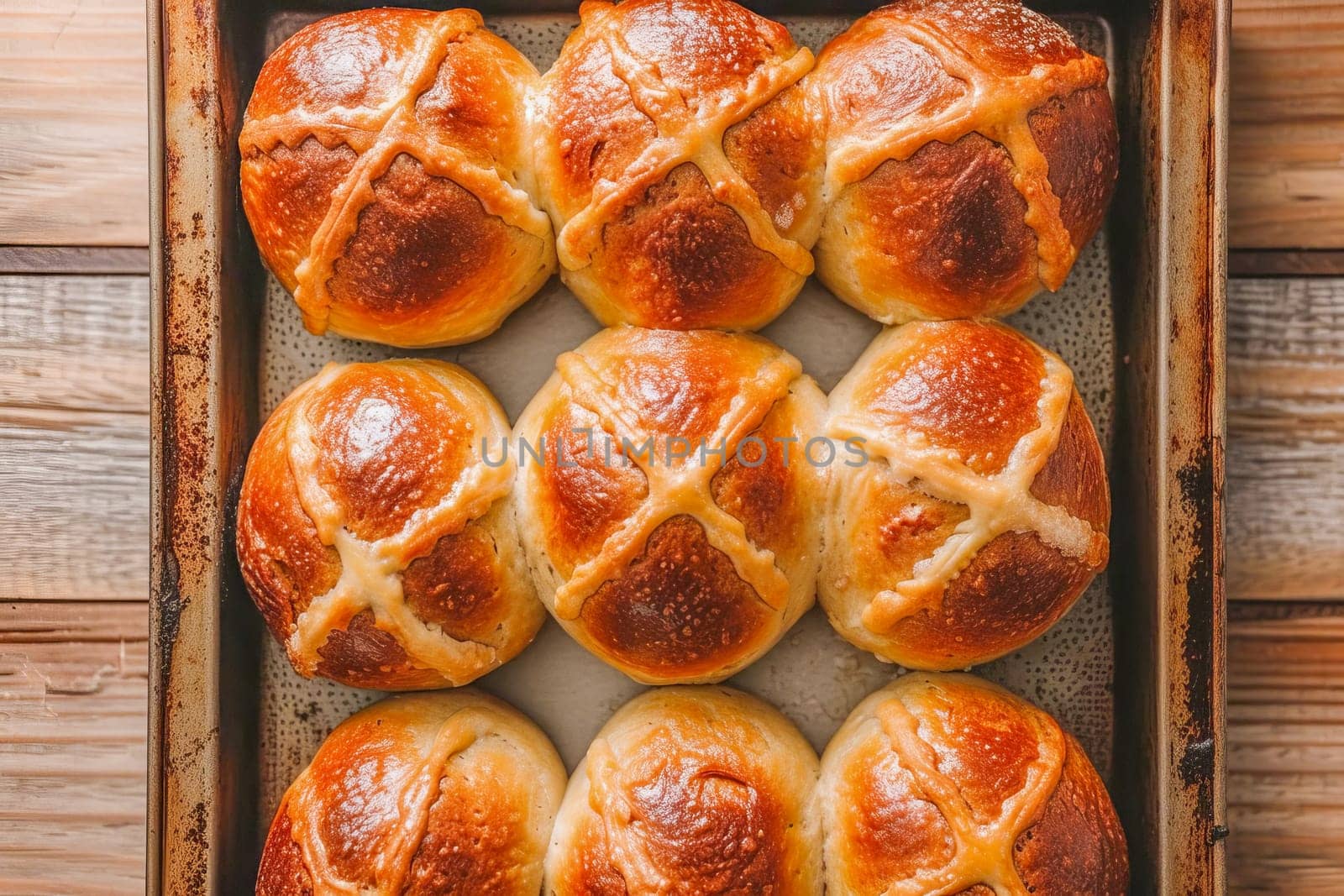 Traditional Easter hot cross buns on a baking tray. AI generated.