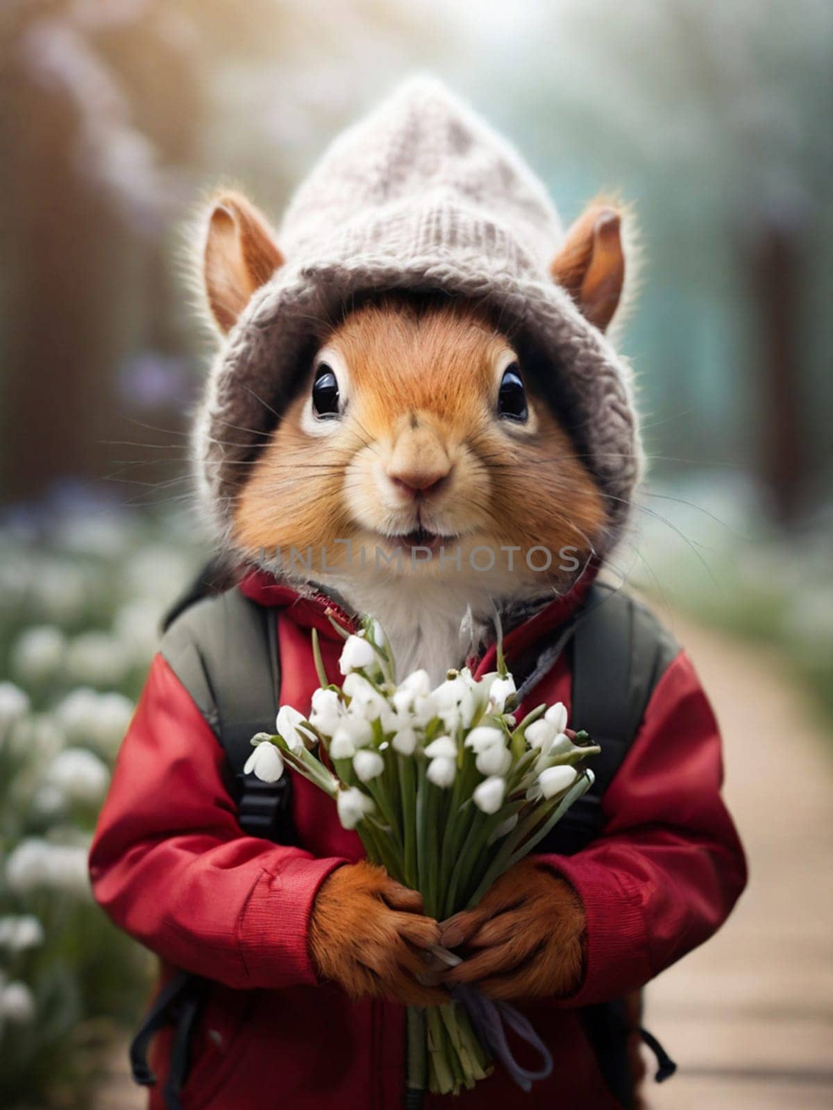 Happy squirrel, chipmunk in a fashionable red jacket with a hood on his head with a bouquet of delicate primroses in his hands. Congratulations on the holiday of March 8th