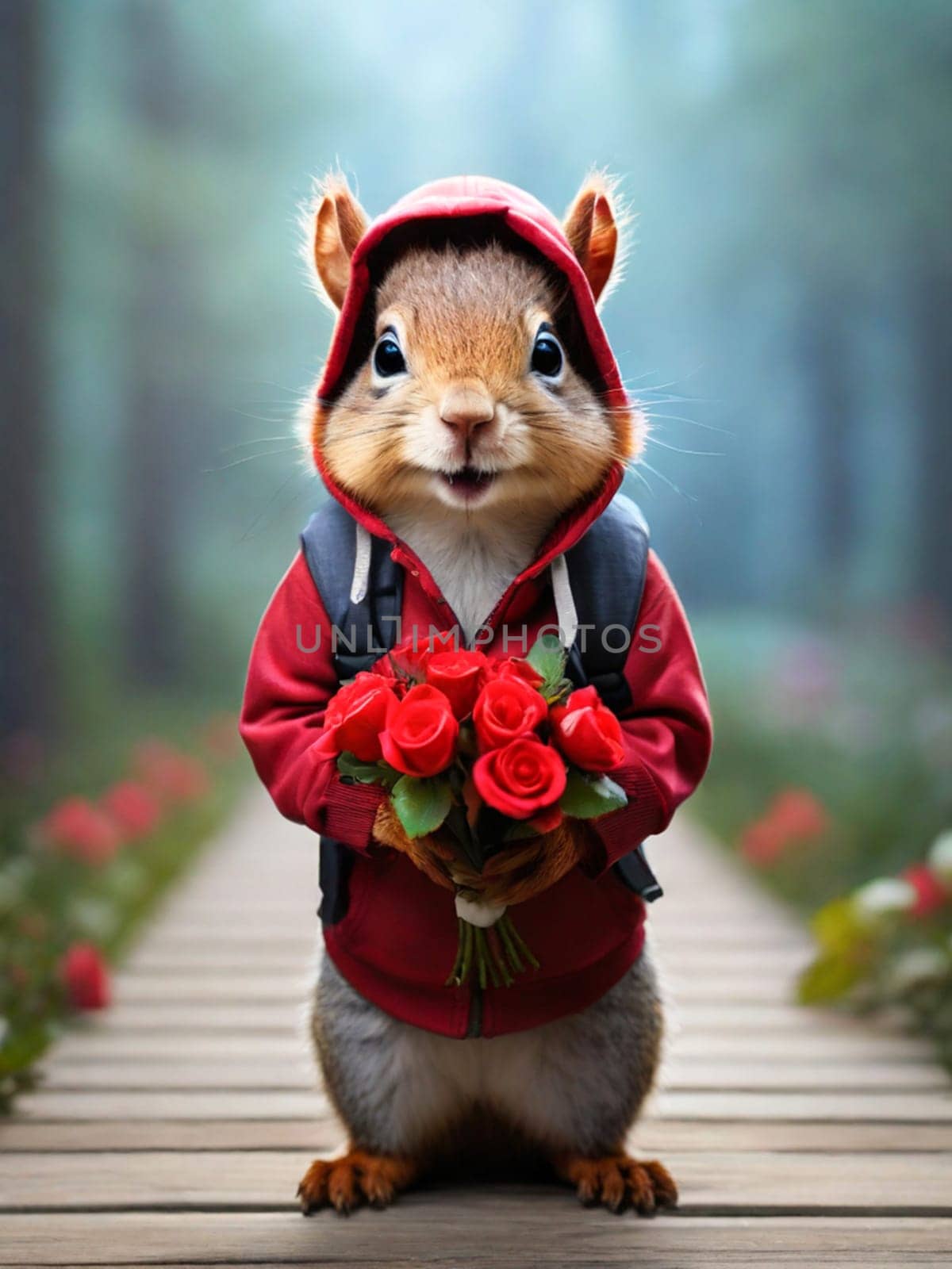 Happy squirrel, chipmunk in a fashionable jacket with a hood on his head with a bouquet of red roses in his hands. Congratulations on the holiday of March 8th. by Ekaterina34