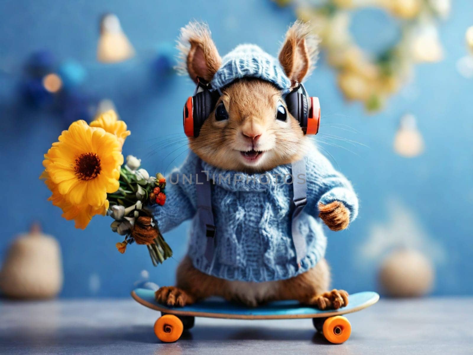 Funny fashionable squirrel, chipmunk with a bouquet in his hands on a skateboard in a blue sweater and headphones in his ears. Congratulations on the holiday by Ekaterina34