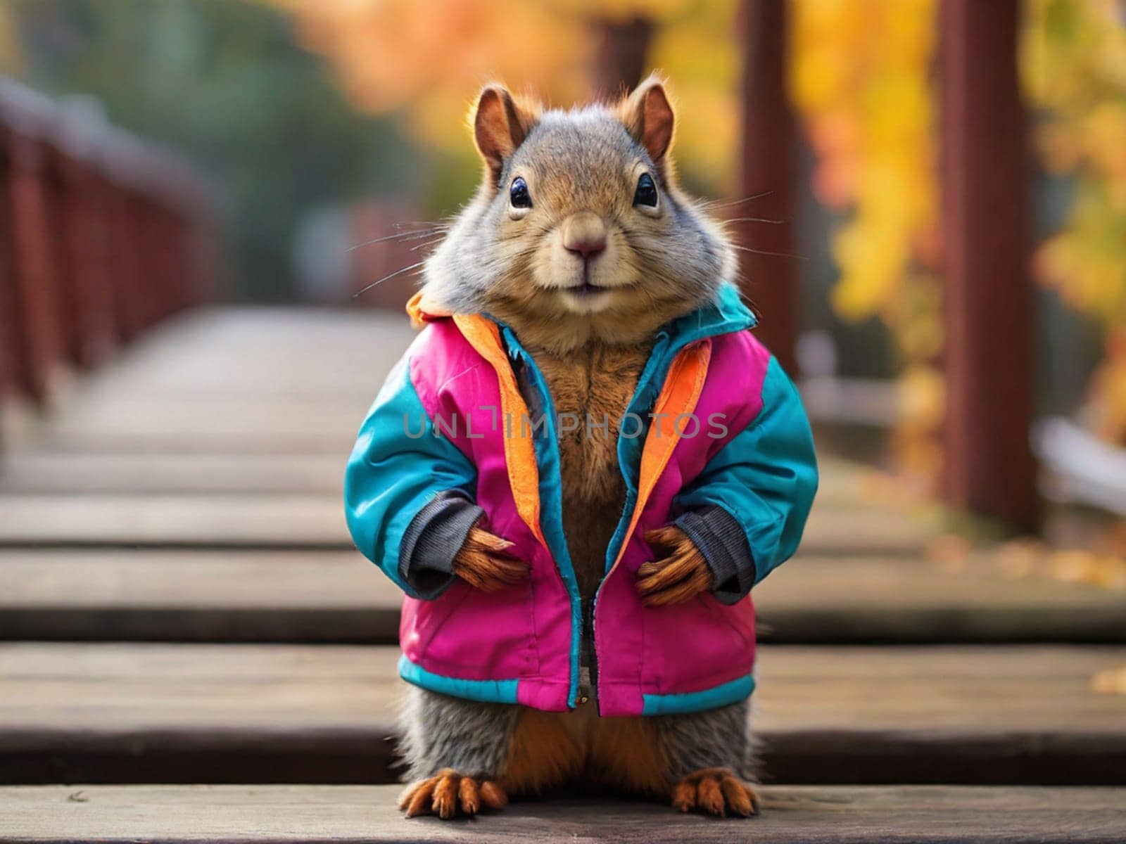 Squirrel man wearing a retro colorful multi-branched jacket by Ekaterina34