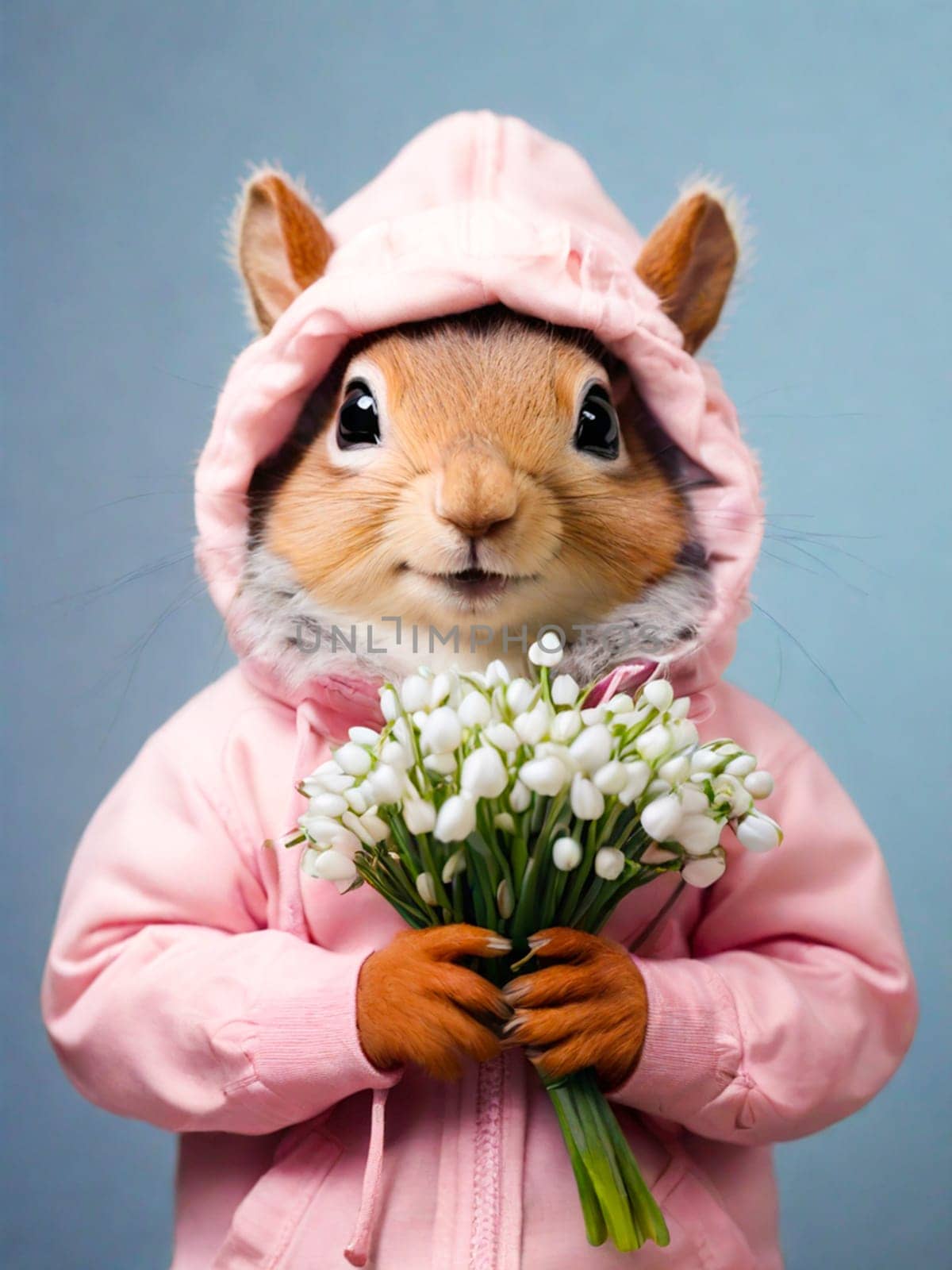 Happy squirrel, chipmunk in a fashionable pink jacket with a hood with a bouquet of snowdrops in his hands on a blue background. Congratulations on the holiday of March 8th. by Ekaterina34