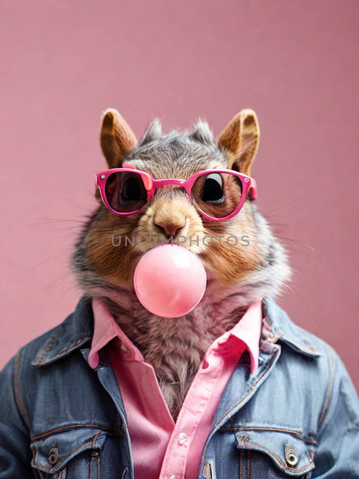 A funny squirrel in a denim jacket and pink sunglasses blows a pink bubble from bubble gum