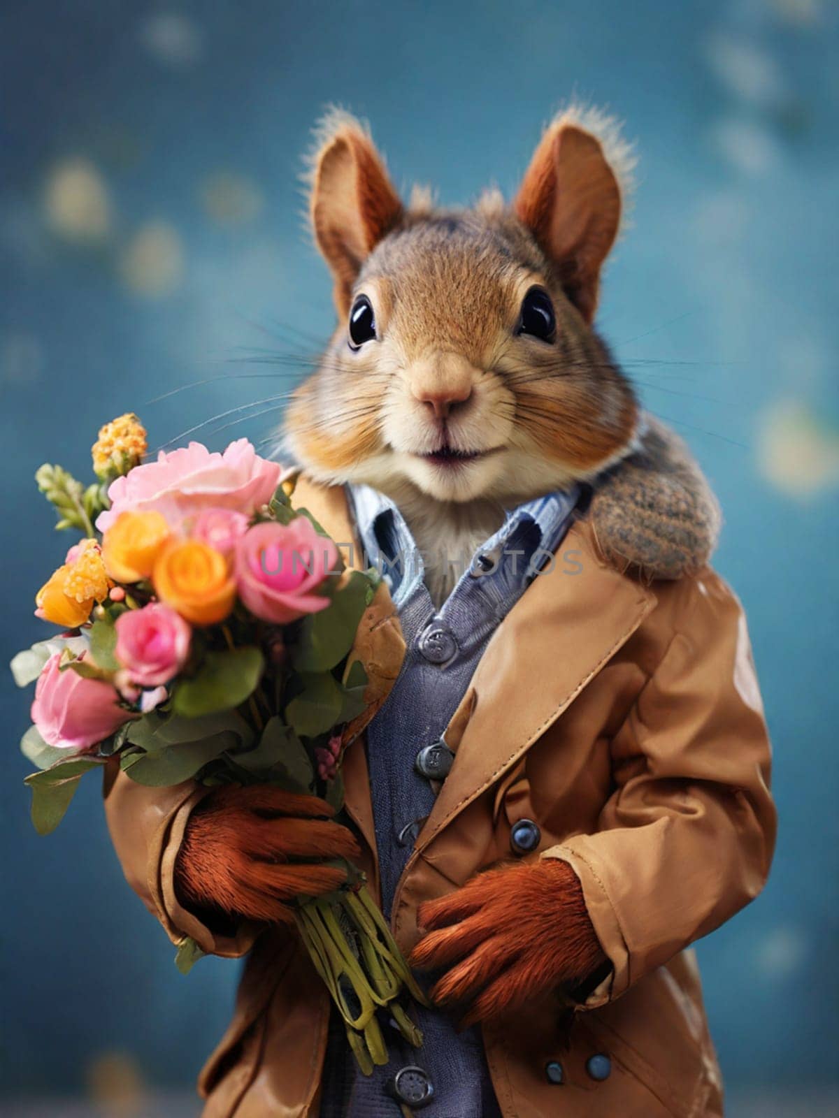 A brutal squirrel, a chipmunk in a brown leather coat with a bouquet of flowers in his hands. Congratulations on the holiday. by Ekaterina34