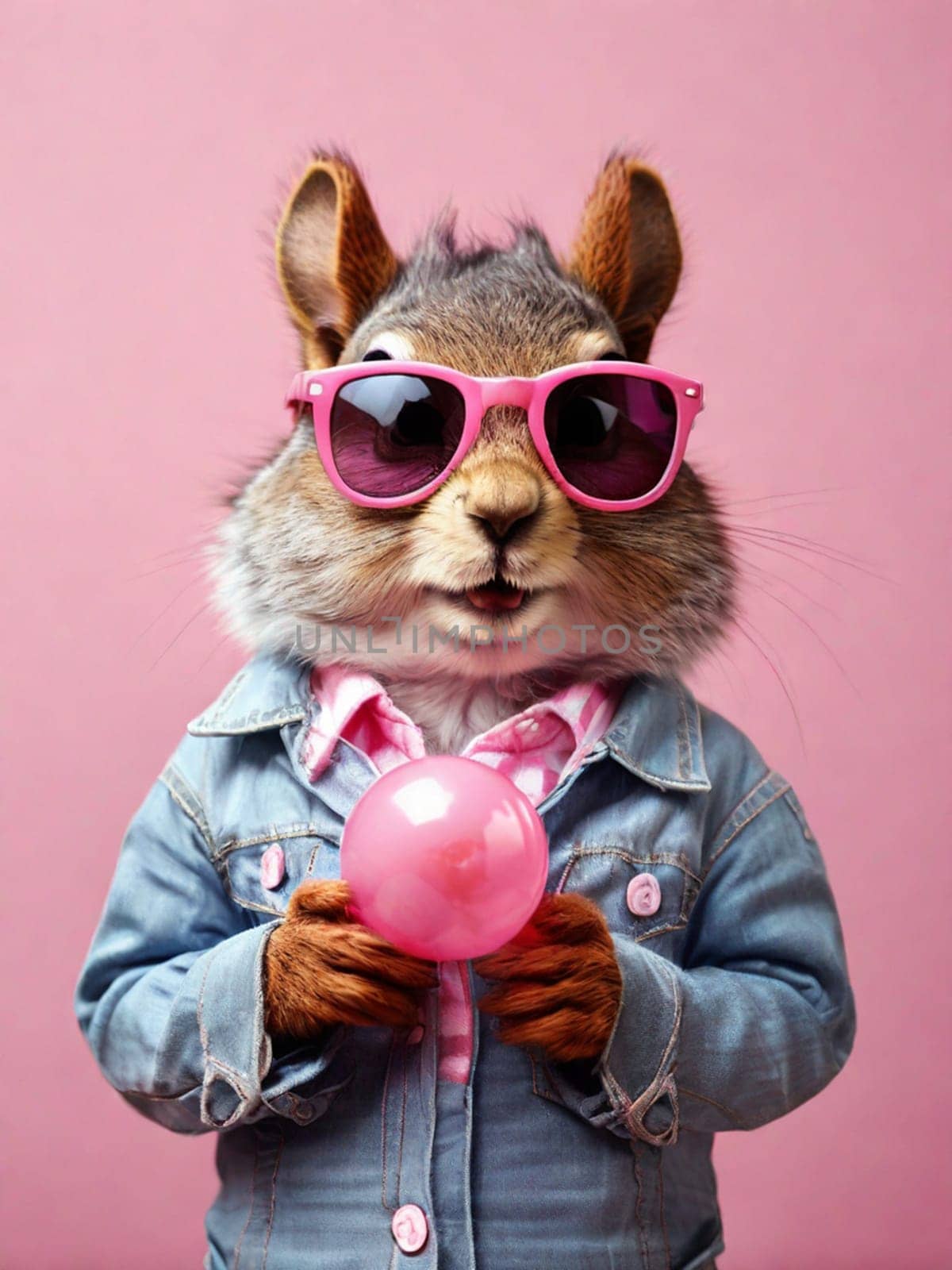 Squirrel man wearing a denim jacket and a pink shirt with pink glasses on a pink background by Ekaterina34