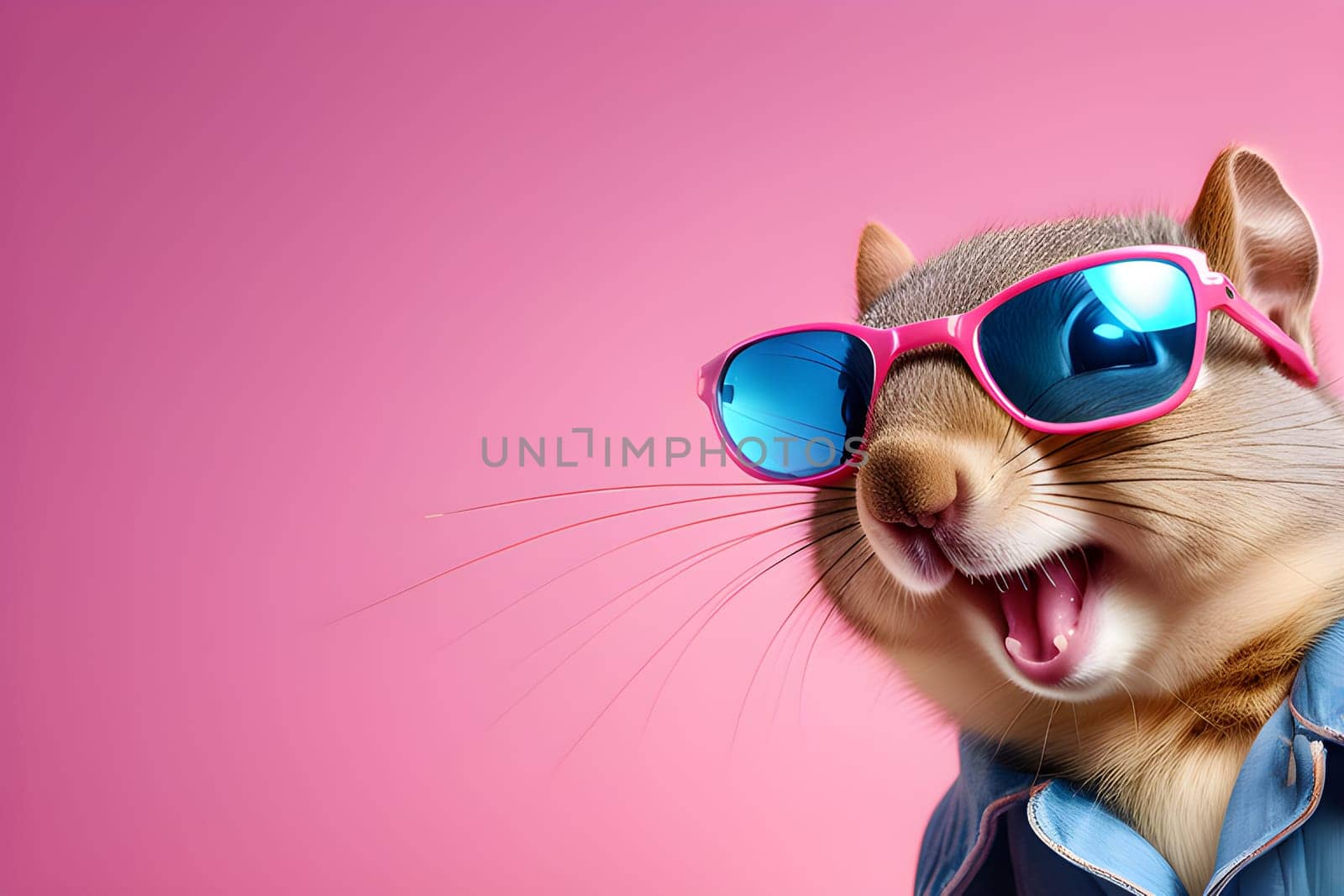 Squirrel man, kangaroo in a denim jacket and pink shirt with pink glasses on a pink background by Ekaterina34