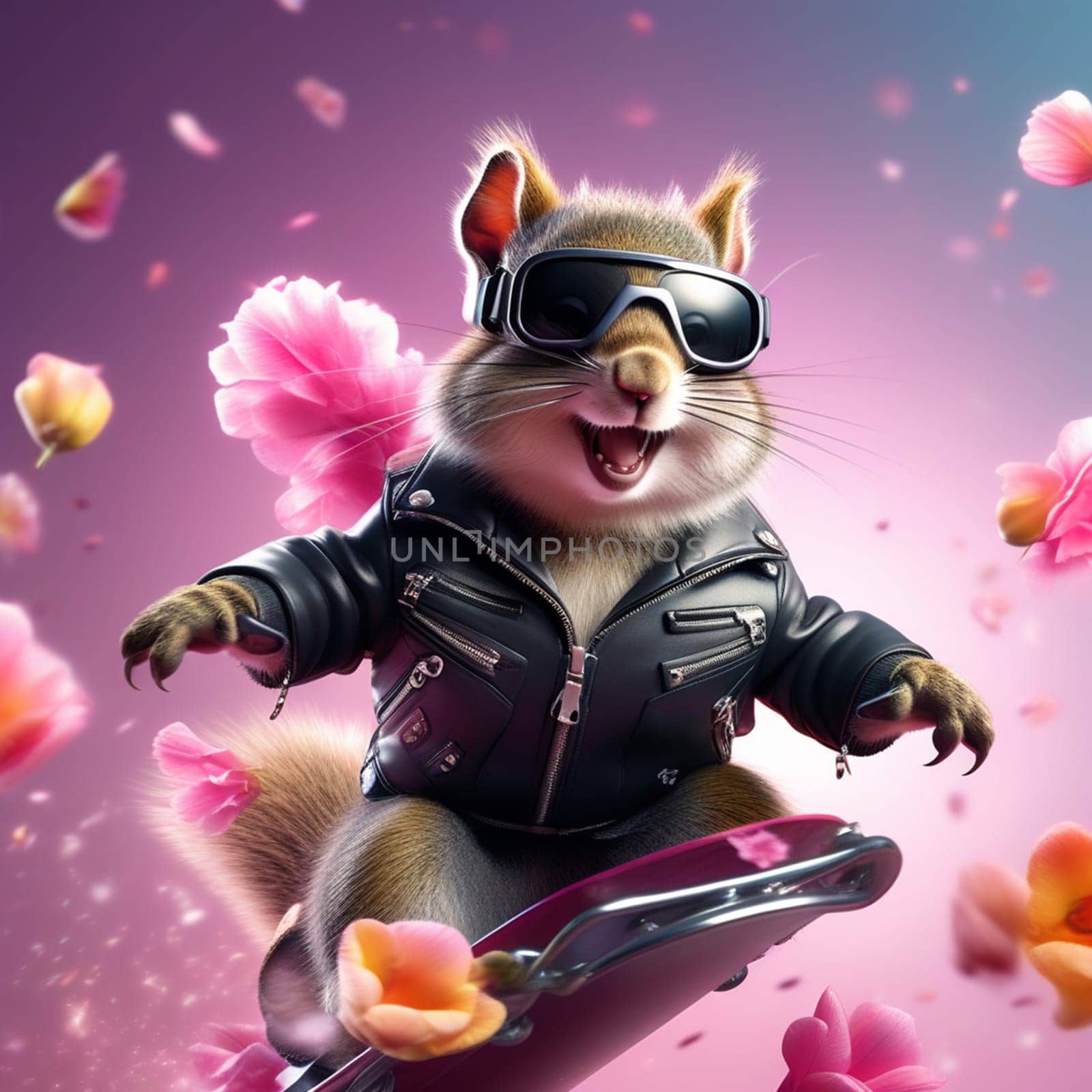 Funny fashionable squirrel, chipmunk in a leather jacket and glasses on a skateboard on a bright floral background. Congratulations on the holiday by Ekaterina34