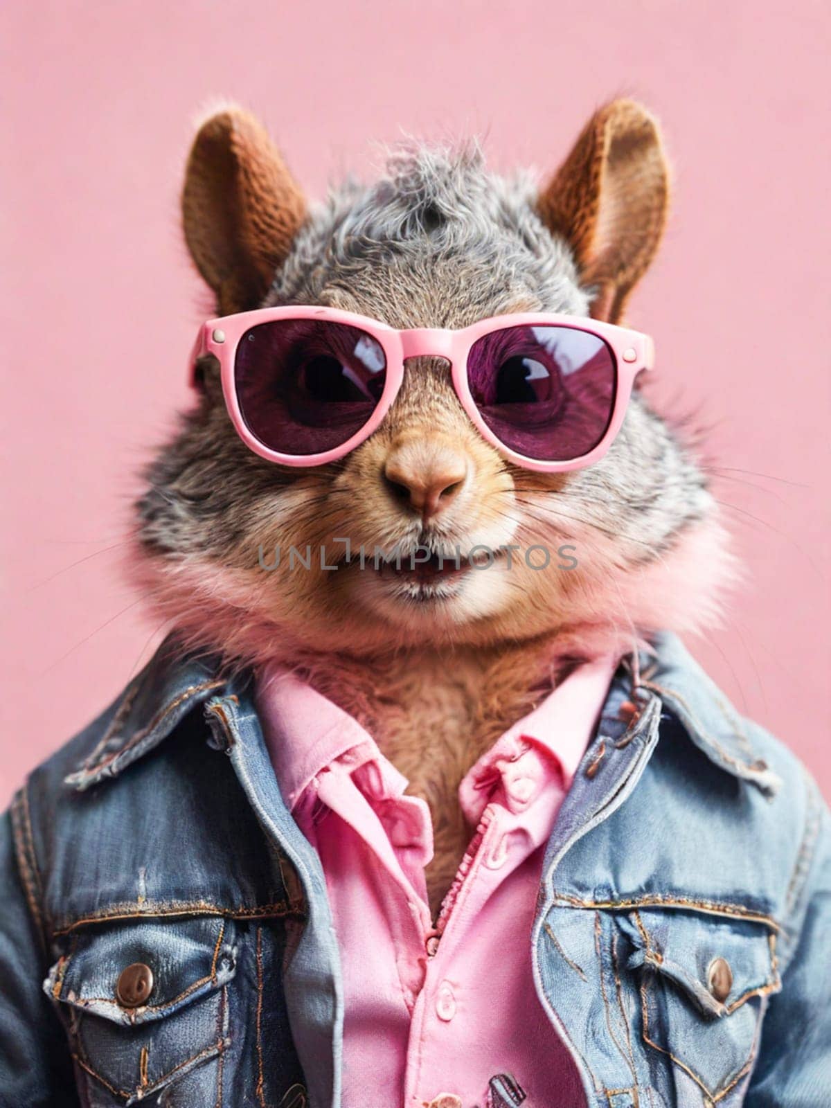 Squirrel man wearing a denim jacket and a pink shirt with pink glasses on a pink background.