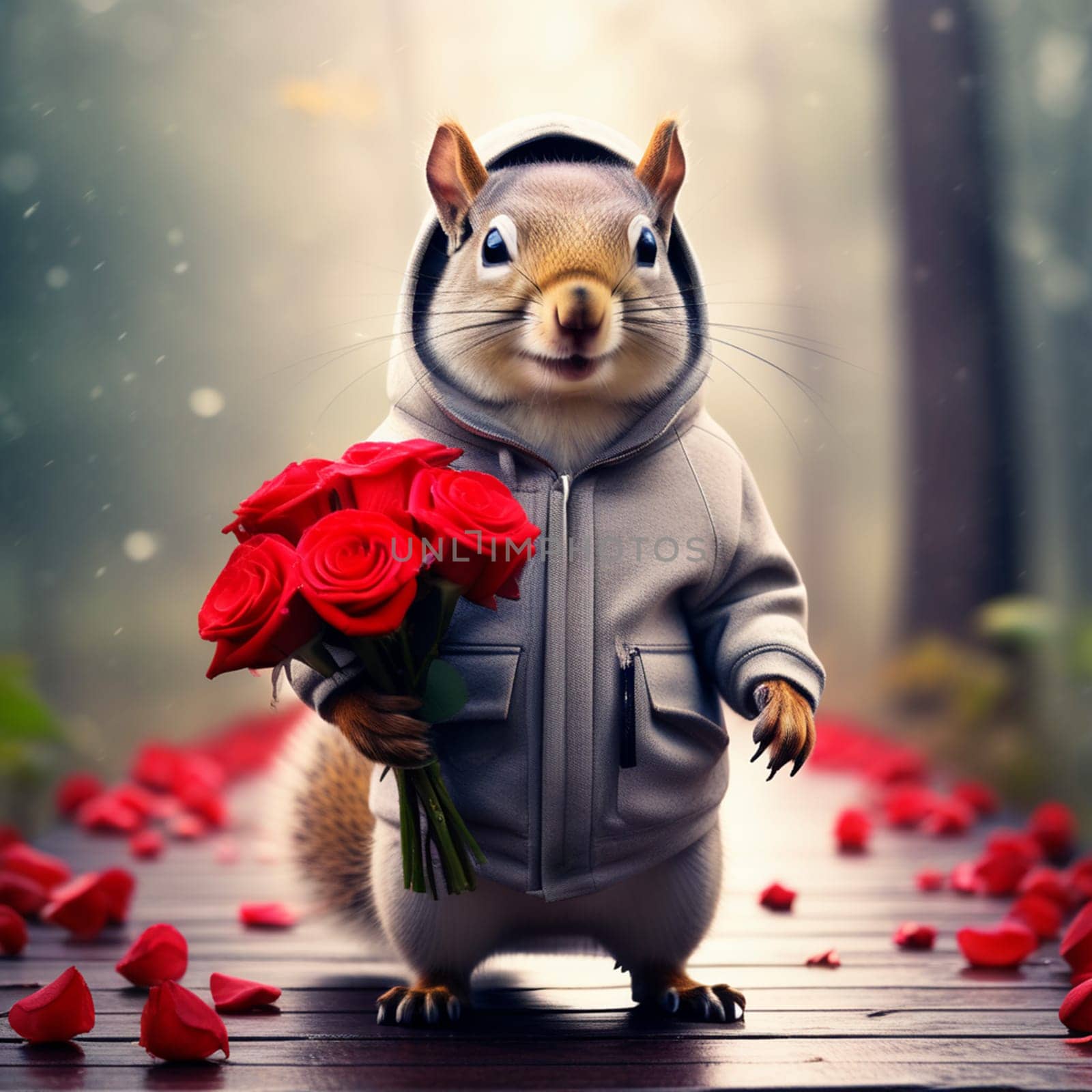 Happy squirrel, chipmunk in a fashionable jacket with a hood on his head with a bouquet of red roses in his hands. Congratulations on the holiday of March 8th by Ekaterina34