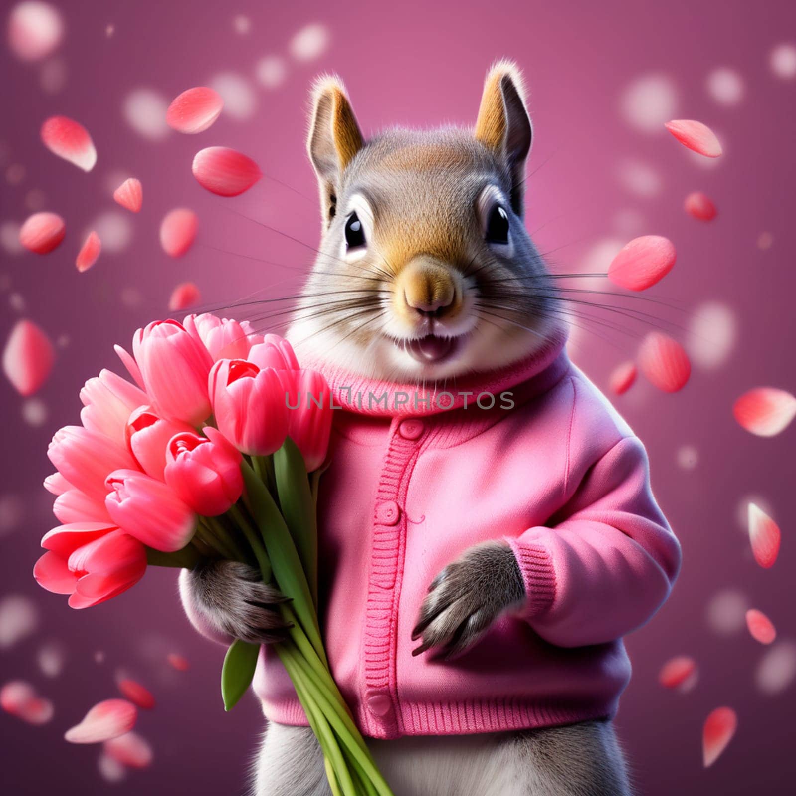 Happy squirrel, chipmunk in a fashionable pink knitted sweater with a bouquet of pink tulips in his hands. Congratulations on the holiday of March 8th. by Ekaterina34