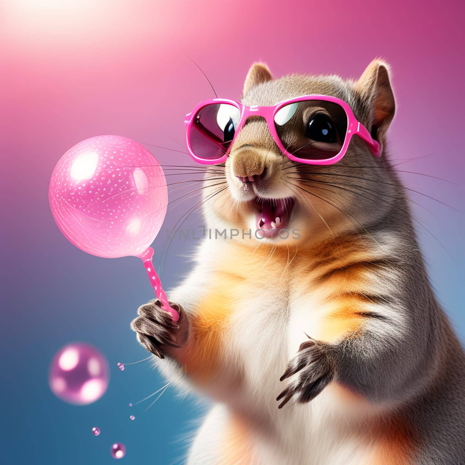 squirrel, kangaroo in a denim jacket and pink shirt with pink glasses with a round tasty lollipop on a pink background by Ekaterina34