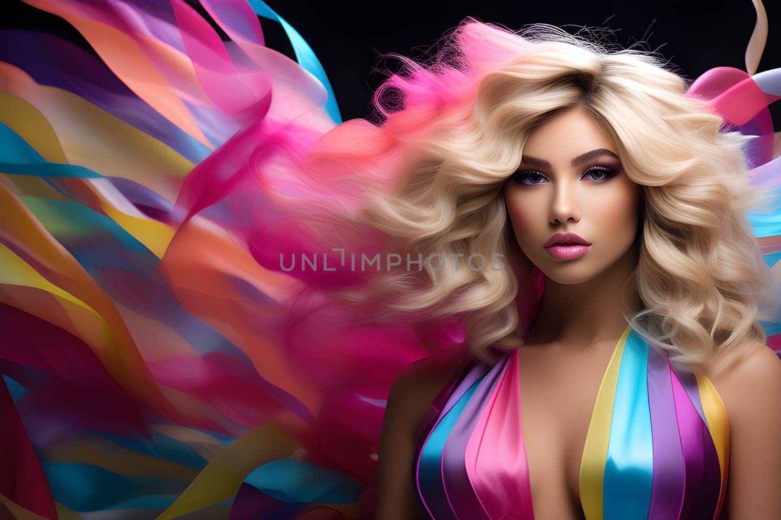 Beautiful blonde woman model in rainbow dress close-up by Ekaterina34
